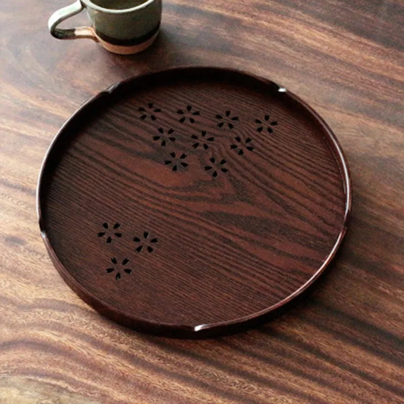 Wooden dessert plate with hollow sakura cherry blossom pattern, 30cm diameter