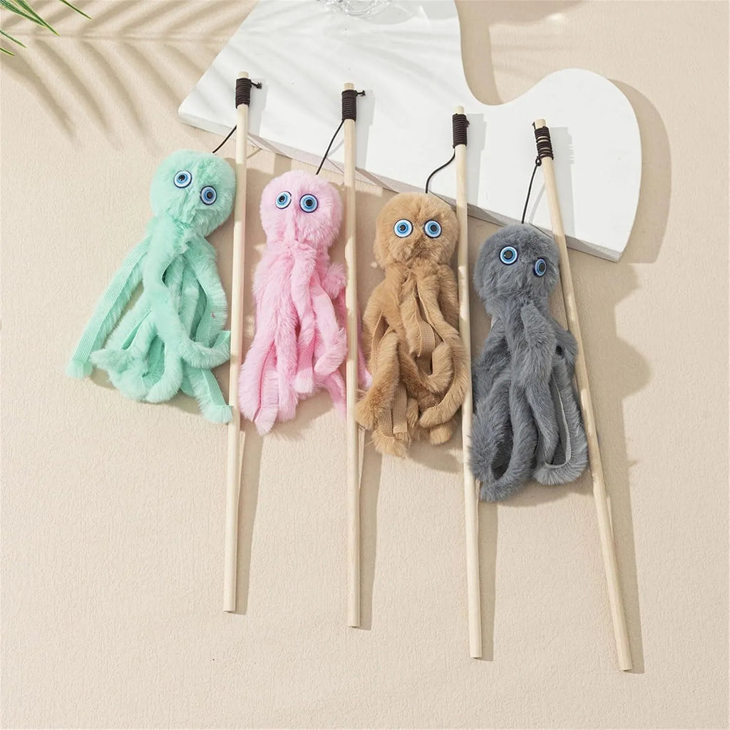 Octopus-themed cat toy with long stick handle and colourful furry texture for indoor kitten play