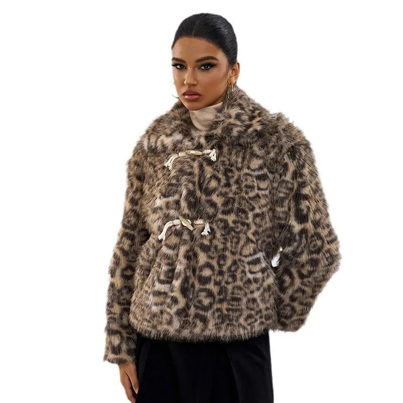 Women's leopard print buckle lapel street fashion coat with regular sleeves
