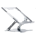 Grey aluminum laptop stand in folded position showing adjustable mechanism and silicone protection points