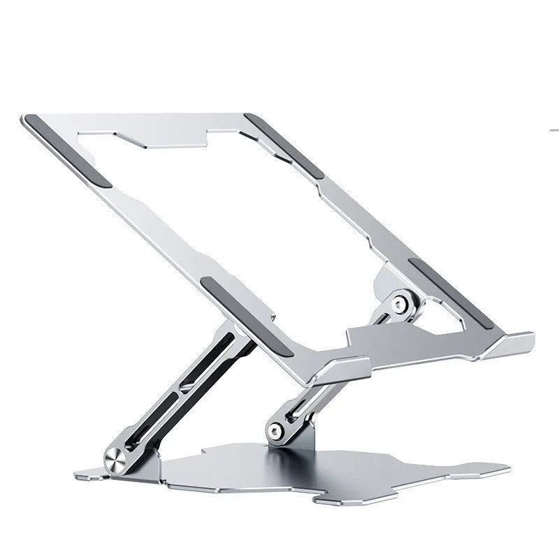 Grey aluminum laptop stand in folded position showing adjustable mechanism and silicone protection points