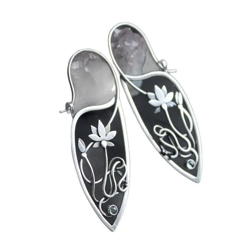 Silver lotus flower earrings with rhinestones on geometric alloy setting
