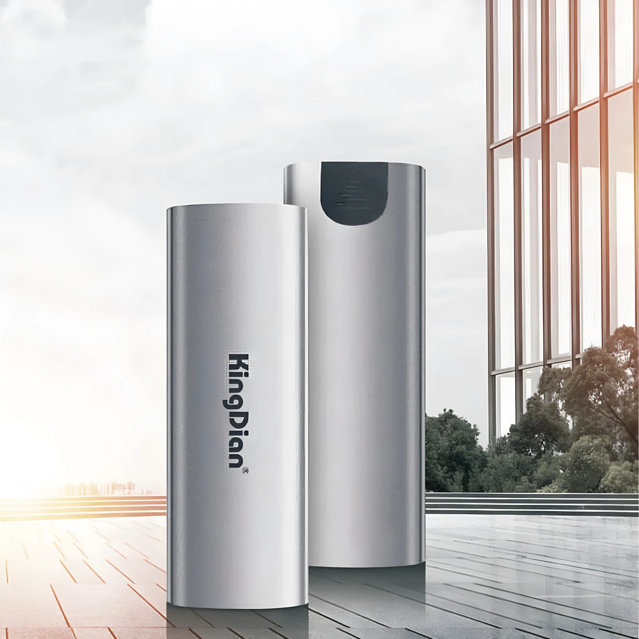 Grey portable SSD external hard drive with USB 3.0 connector for direct mobile phone connection