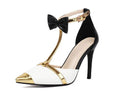 Purple and white plus size women's closed toe high heel sandals with buckle strap.