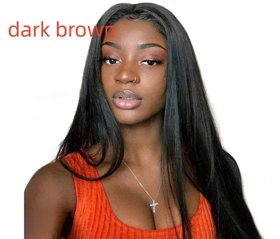Long straight black synthetic wig on a mannequin head, featuring a centre parting and straight-cut bangs.