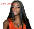 Long straight black synthetic wig on a mannequin head, featuring a centre parting and straight-cut bangs.