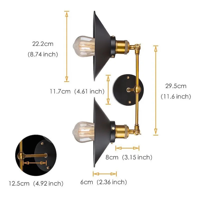 Black iron industrial-style wall lamp with two adjustable heads in a retro design