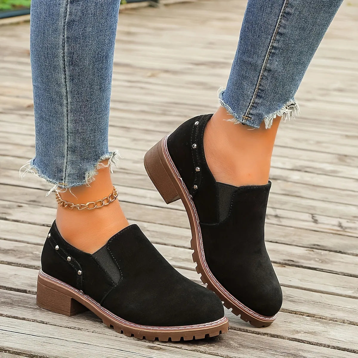 Plus size women's light brown suede ankle boots with low thick heel and elastic band