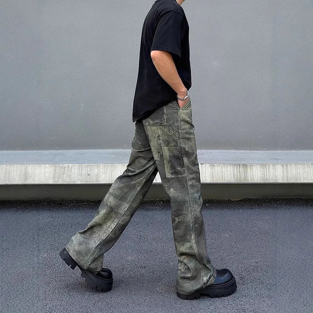 Men's straight leg digital camouflage jeans in cotton denim with retro military pattern