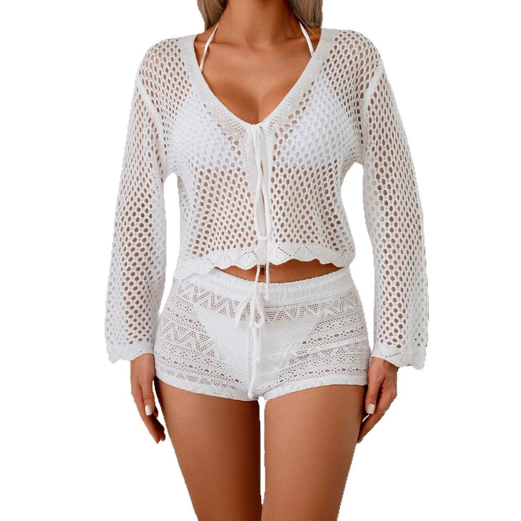 Women's apricot hollow woven cardigan blouse with bell sleeves laid flat showing 40cm length