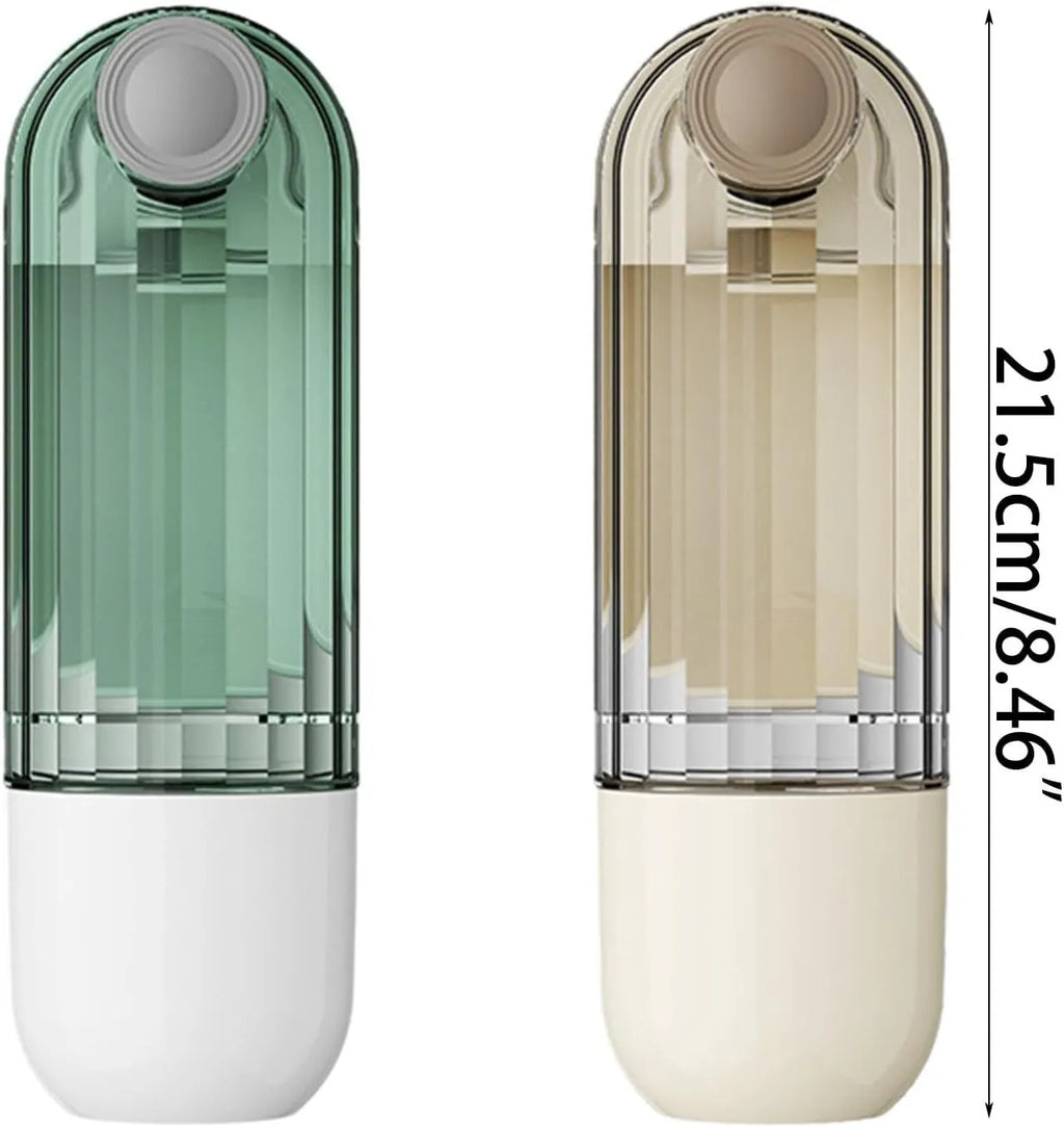 Folding dog water bottle with food dispenser in beige or green for outdoor pet activities