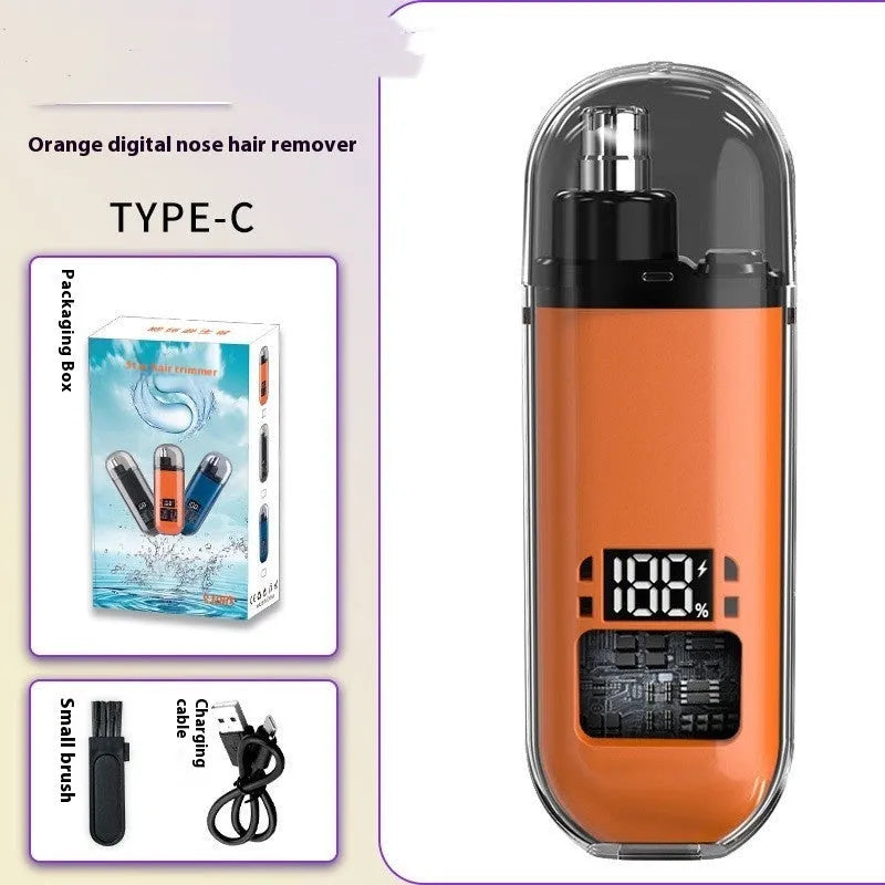 Rechargeable nose hair trimmer with digital display and removable cutter head.