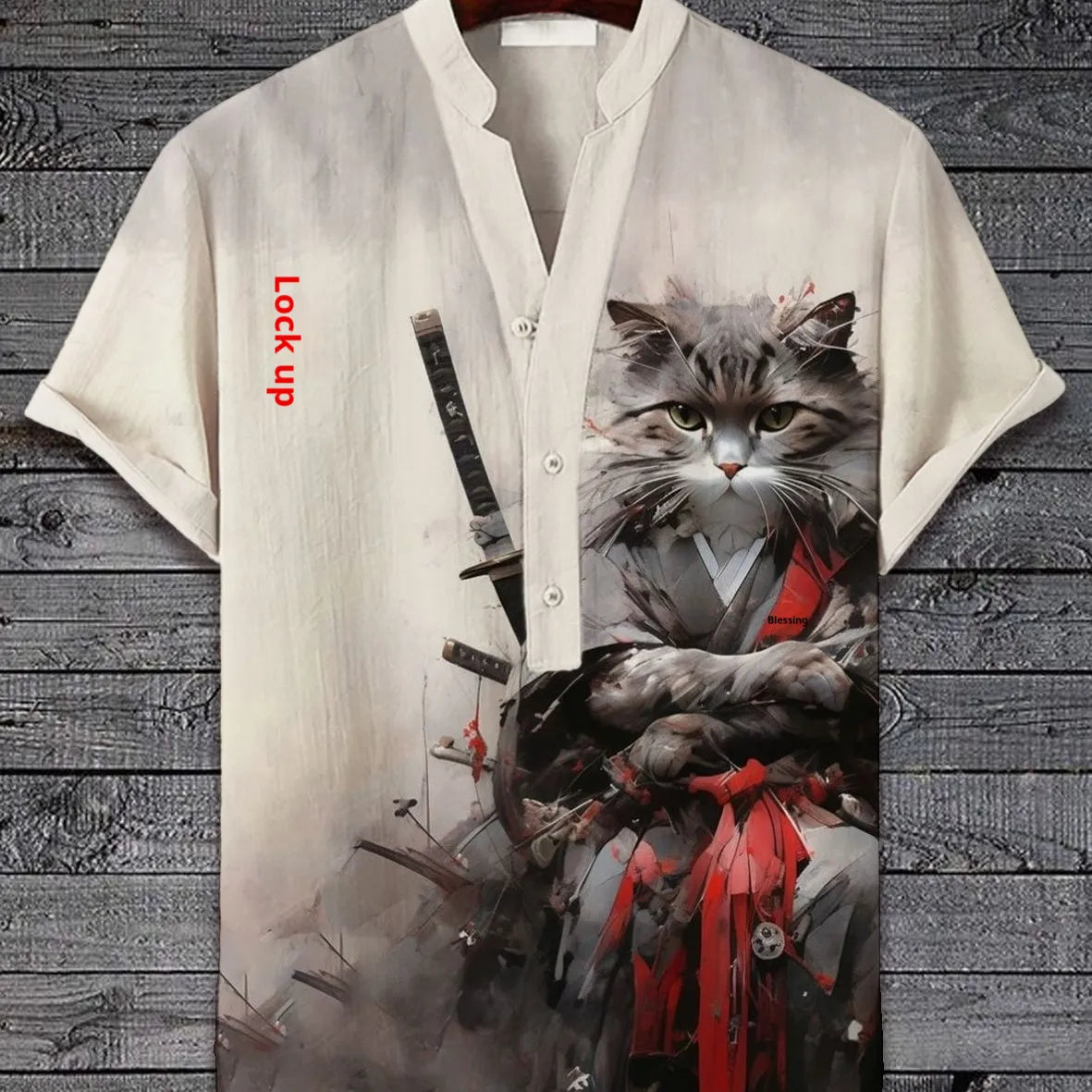 Short sleeve shirt with a vibrant 3D digital animal print pattern on polyester fabric.