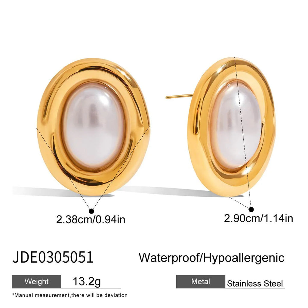 A pair of stainless steel vintage pearl stud earrings with an electroplated silver-coloured finish.