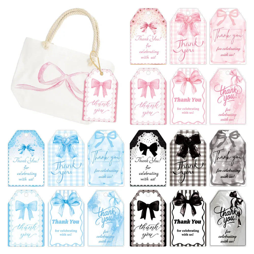 Birthday party gift tags with bowknot designs and hemp rope ties in three style variations