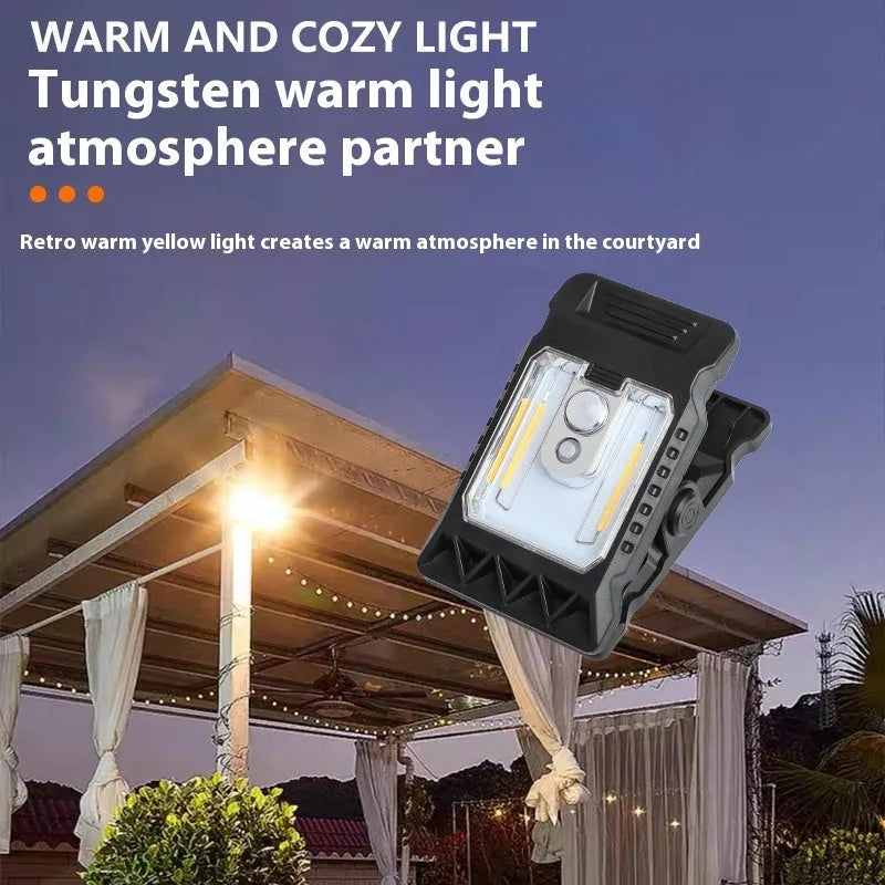 Compact black clip-on human body induction lamp showing dimensions and IP65 rating.