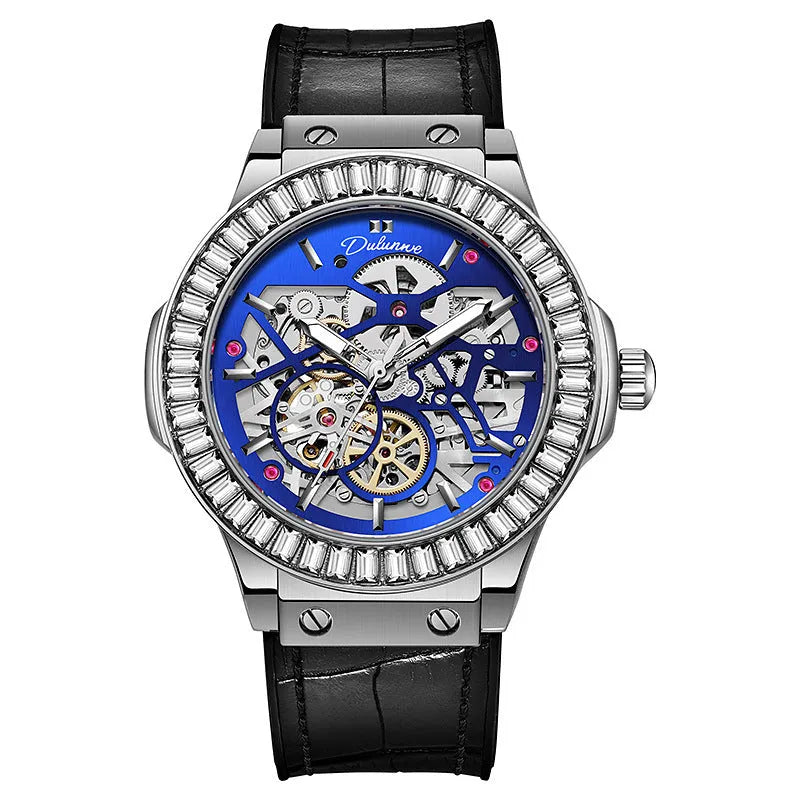 Automatic mechanical men's watch with diamond-studded bezel and visible hollow movement in white shell case