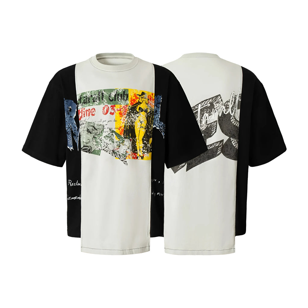 Black and white deconstruction print cotton blend loose T-shirt on a hanger.