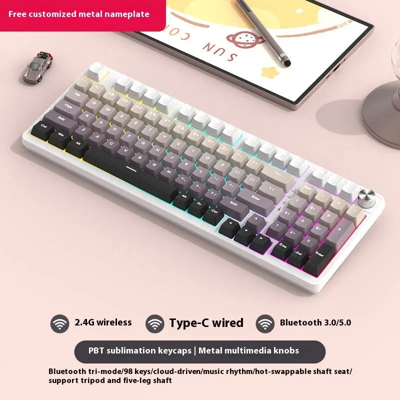 White screen version 98-key wireless mechanical keyboard kit with metal knob on desk