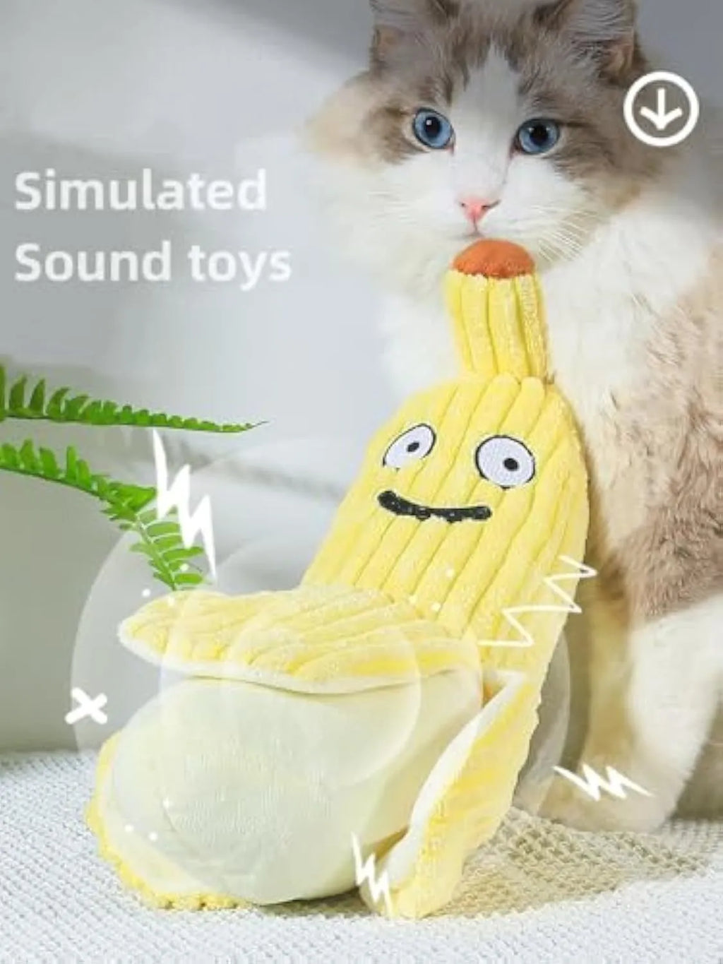 Yellow banana-shaped plush cat toy with crinkle paper and catnip filling.