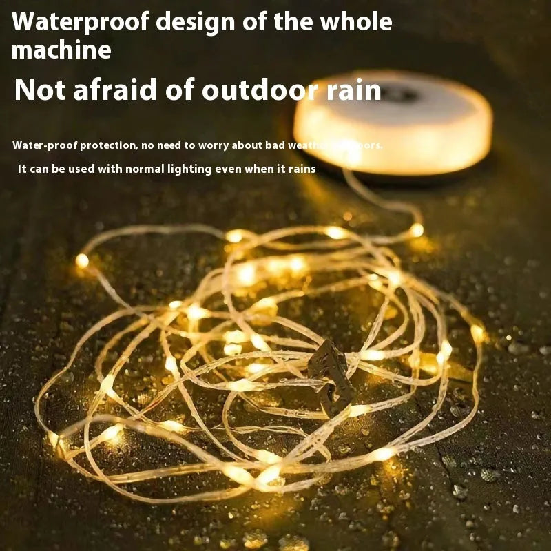 Rechargeable outdoor string lights with 30 LED beads on an 8 metre cord, shown in warm white and colourful light settings.