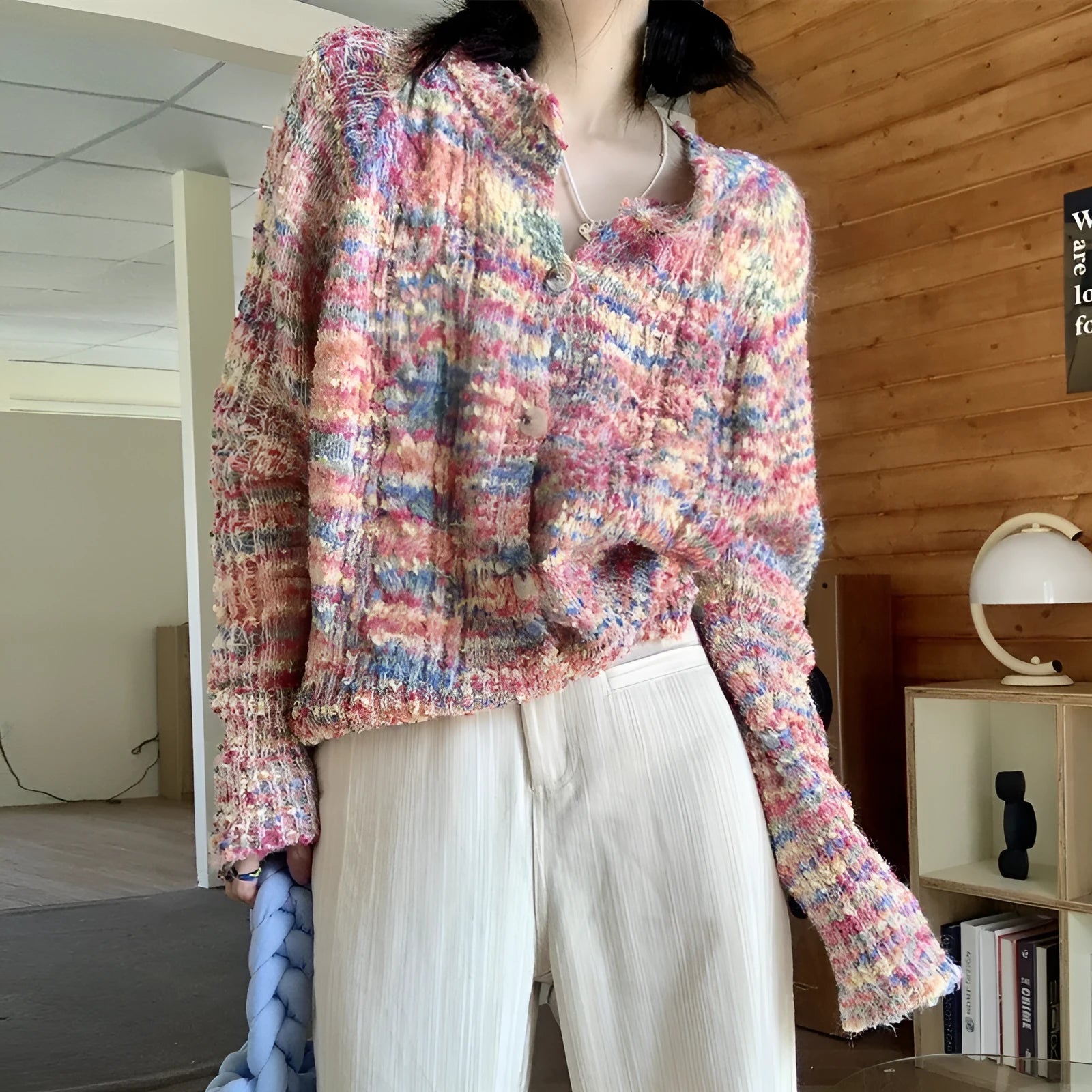 Retro style knitted rainbow cardigan sweater in pink or green colour with toothbrush hair fabric texture