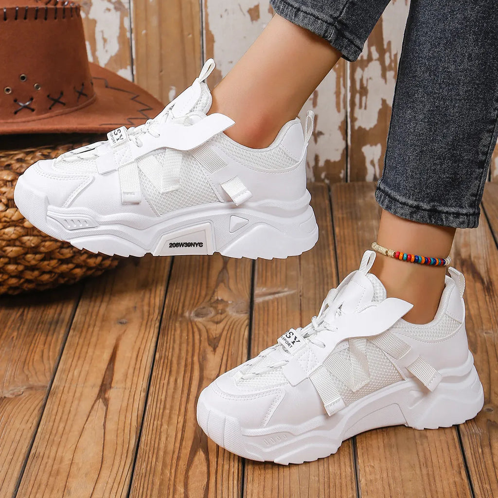 Women's purple platform mesh sports shoes with lace-up front and breathable construction