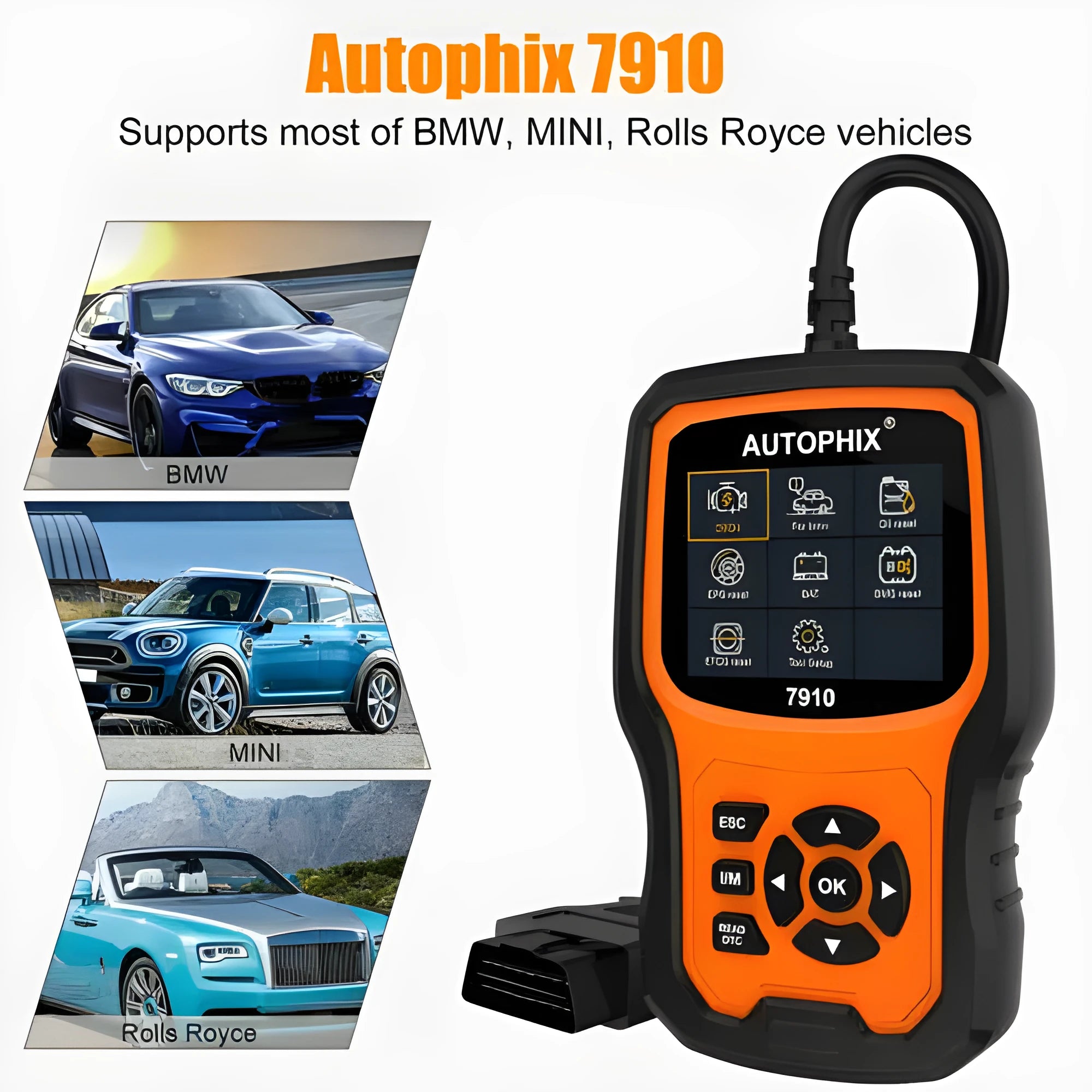 Autophix 7910 BMW diagnostic scanner tool with OBD2 connector for vehicle diagnostics