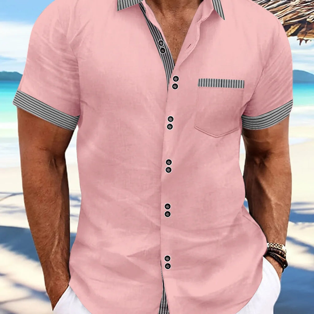 Men's striped double button short sleeve casual shirt in pure cotton fabric