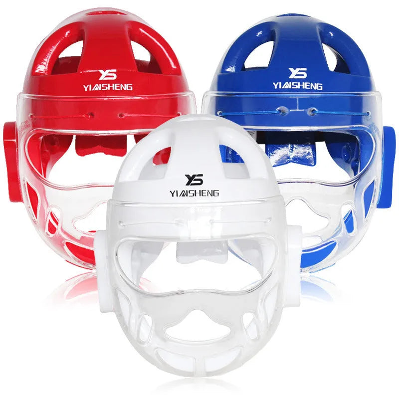 Karate training helmet for head protection, shown in blue colour.