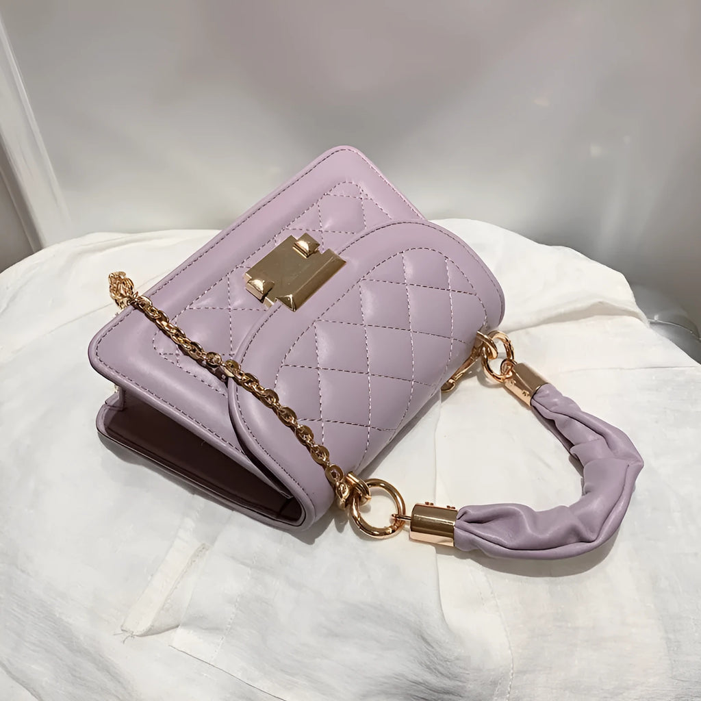 Women's purple PU fabric small square shoulder bag with 112cm strap showing rhombus shape and compact dimensions
