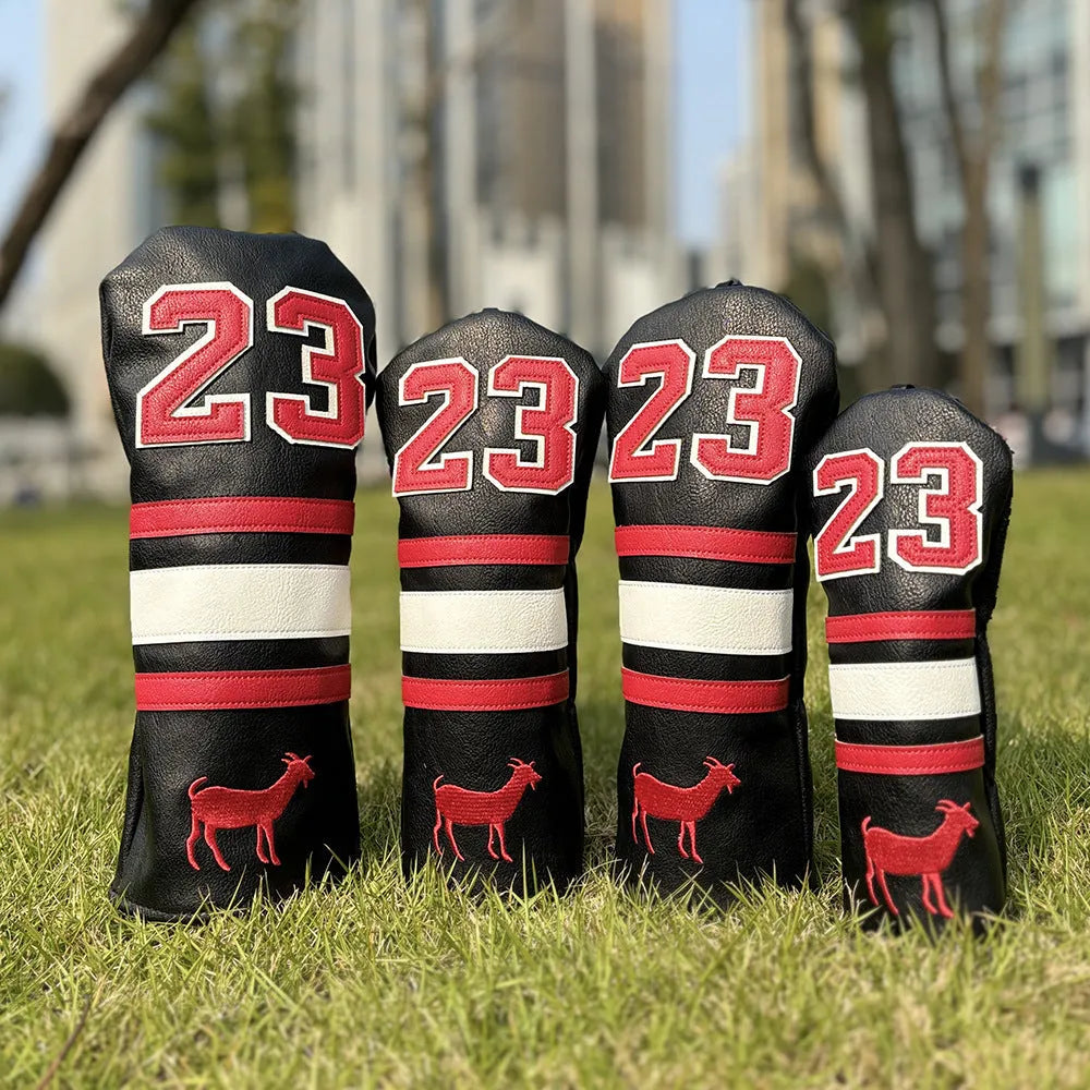 Set of four PU golf club sleeves in matching colour with different shapes for utility clubs, putters, and numbered irons