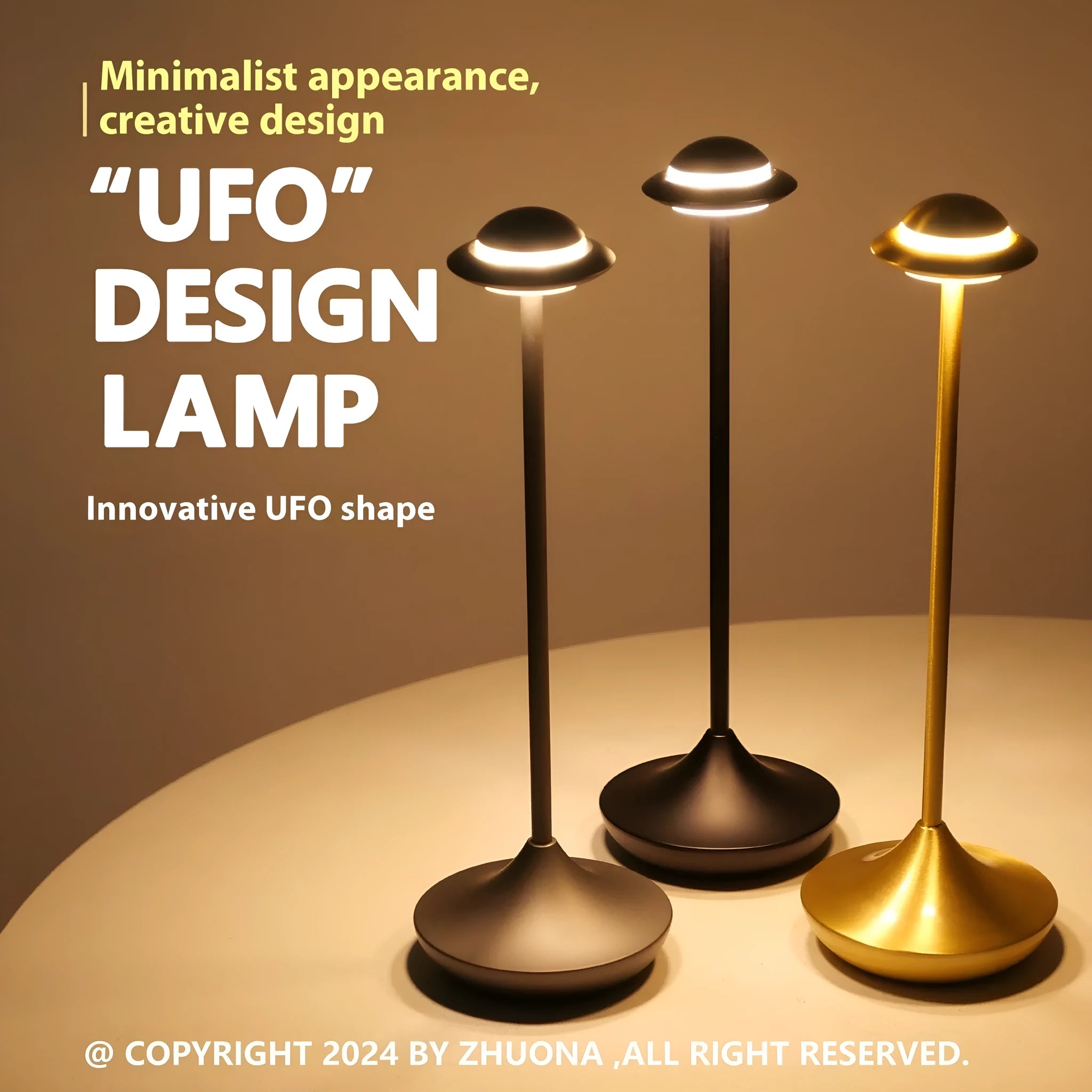 Metallic UFO-shaped table lamp in black finish with a touch-sensitive base for dimming.