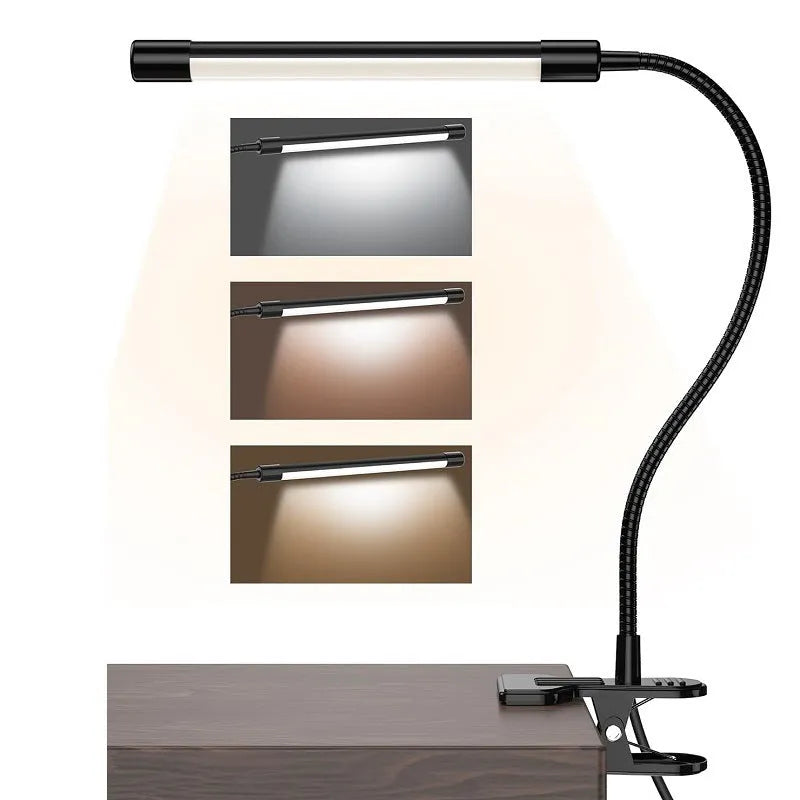 Black and white USB-powered LED desk lamp with 26cm length for student dormitories
