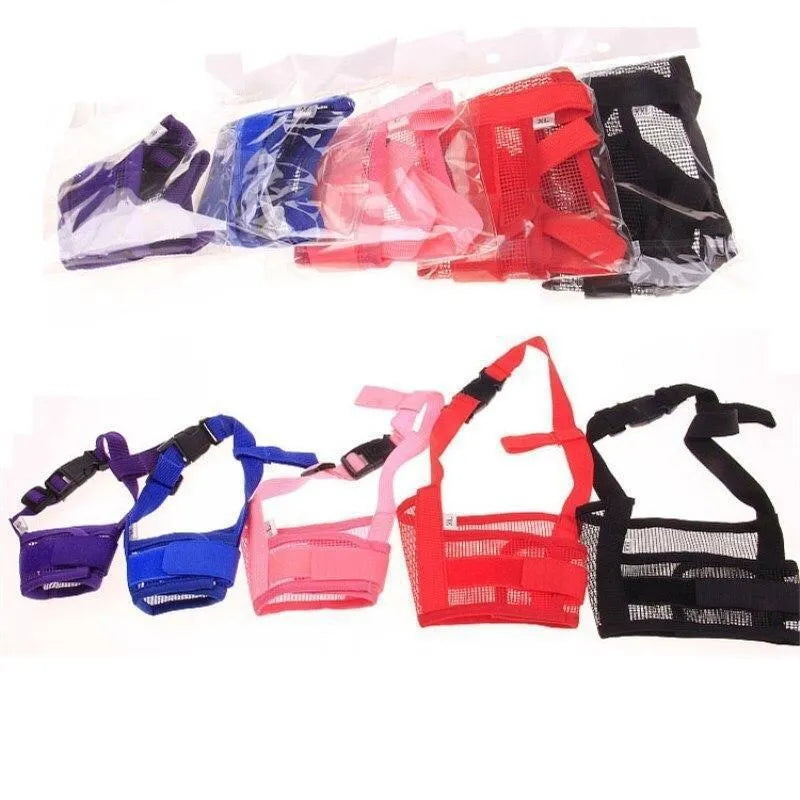 Adjustable plastic dog muzzle in black, blue, pink, purple, or red colours for biting and barking control