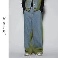 Distressed blue jeans and sleeveless vest set with spray colour gradient and fleece lining.