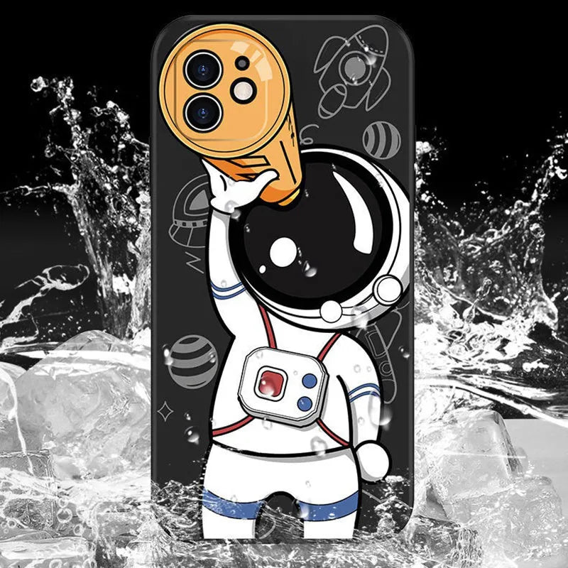 Silicone iPhone case with cartoon astronaut and starry sky design in multiple colour options