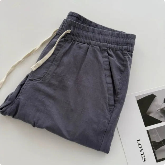 Men's loose straight-leg casual trousers in beige with drawstring waist