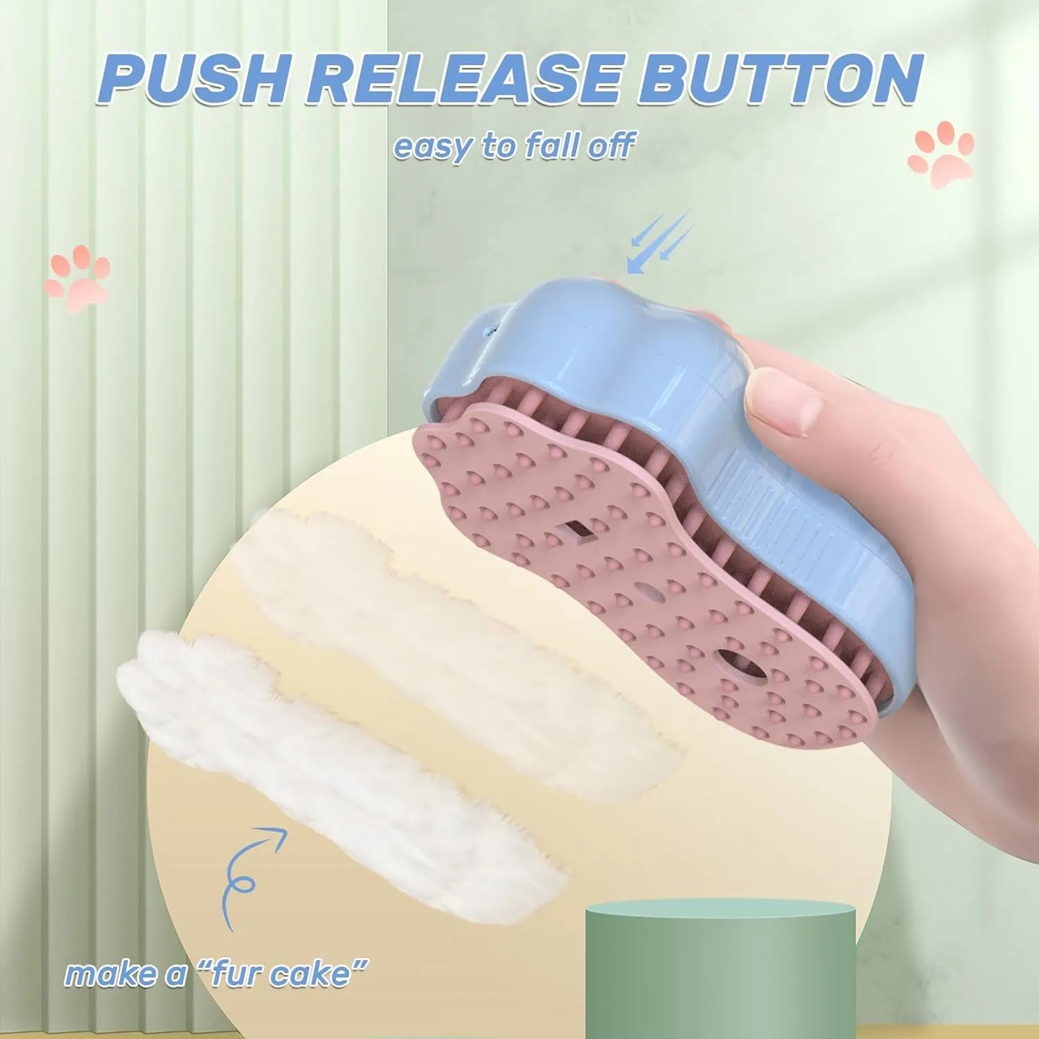 Rechargeable blue pet steam brush with silicone bristles and a water reservoir.