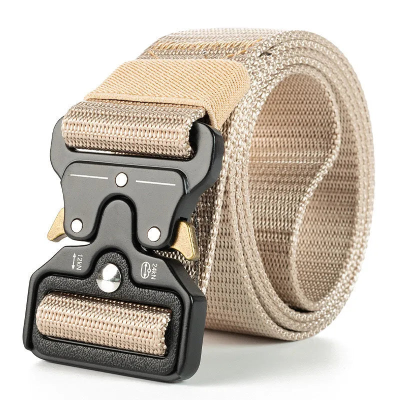 Men's thick canvas tactical belt with alloy quick-release buckle in multiple colour options