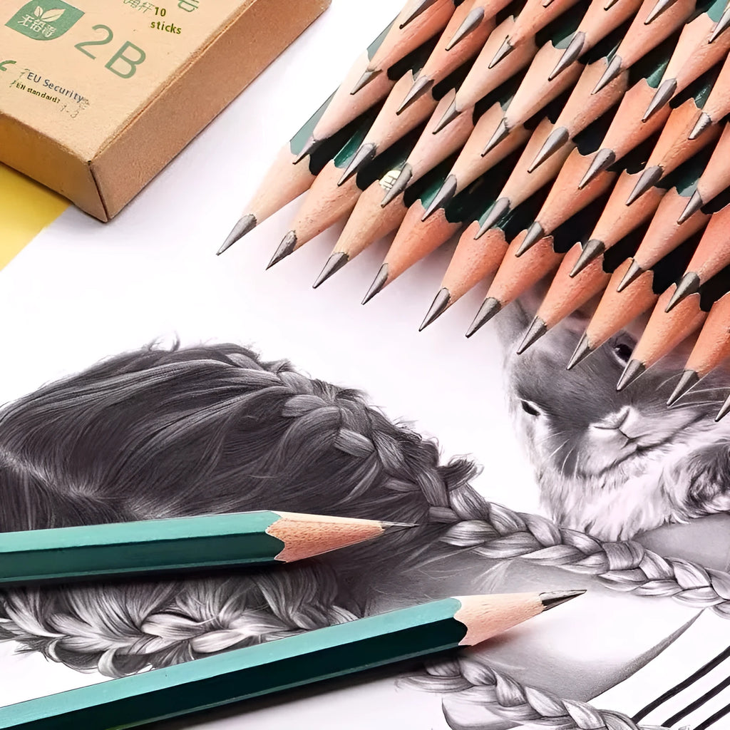 Ten green six-angle wooden pencils with HB and 2B graphite grades laid out in a set.
