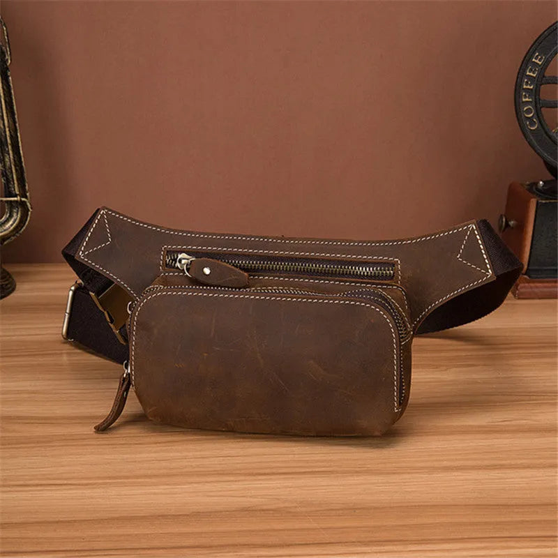 Brown leather men's sports waist bag with pull closure and phone compartment