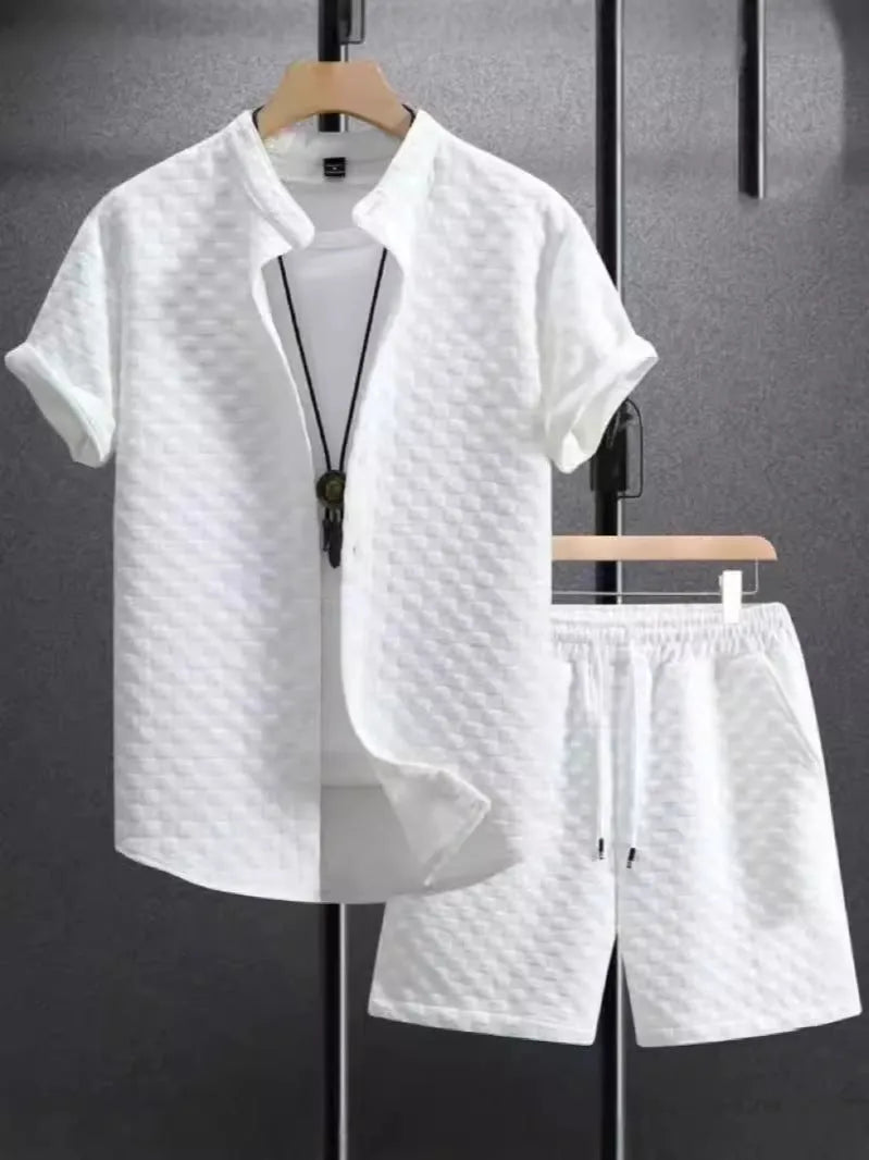 Men's jacquard short sleeve suit set in black with matching shorts