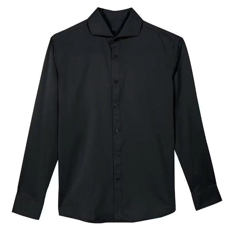 Man wearing a black loose-fit Korean style long sleeve cardigan shirt with Japanese retro design details.