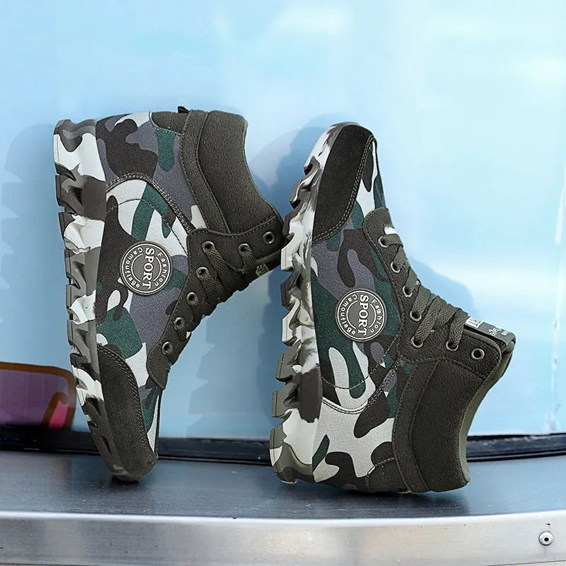 Green camouflage canvas women's sneakers with a rubber outsole on a white background.