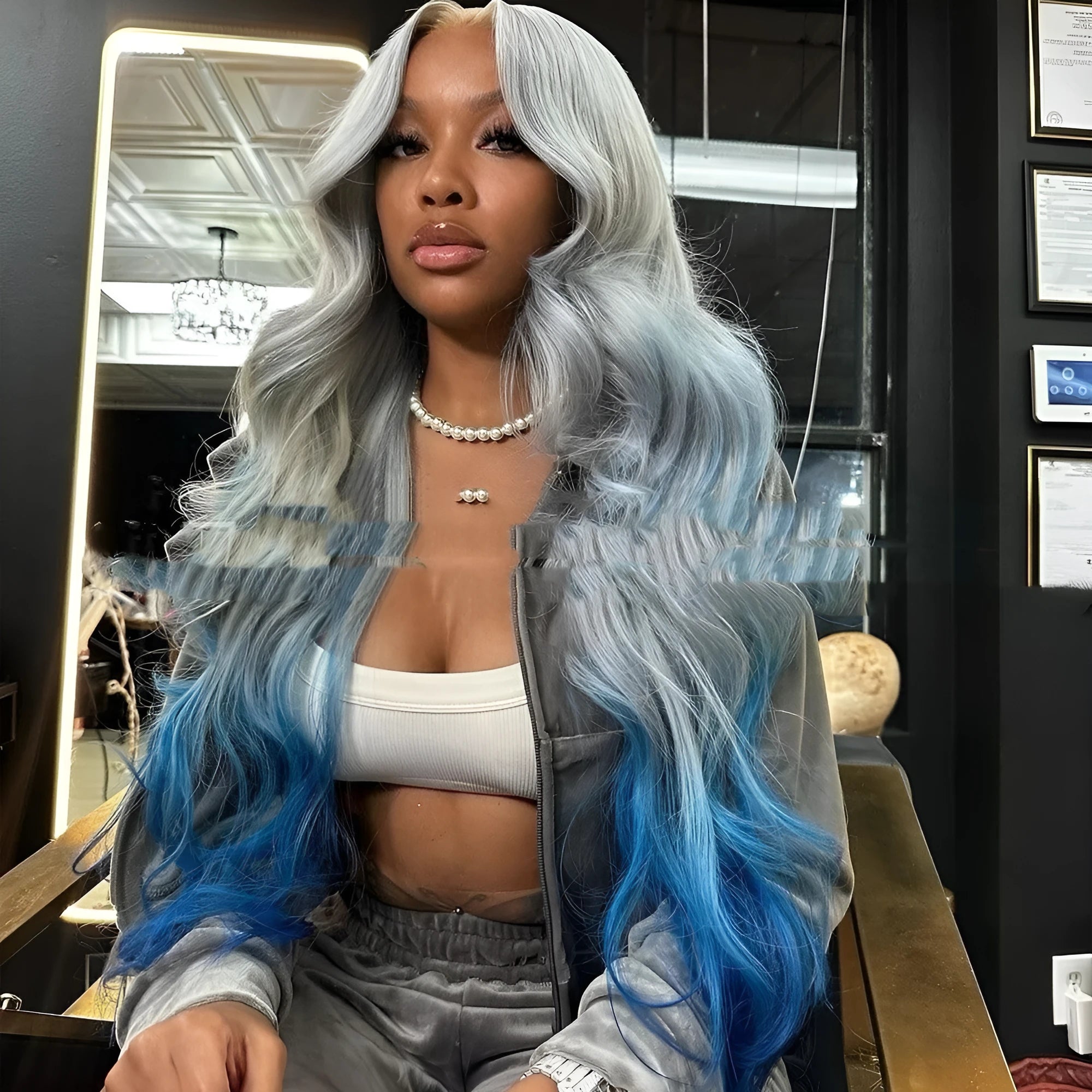 Grey blue gradient ombre human hair wig with lace front construction shown at 22 inch length