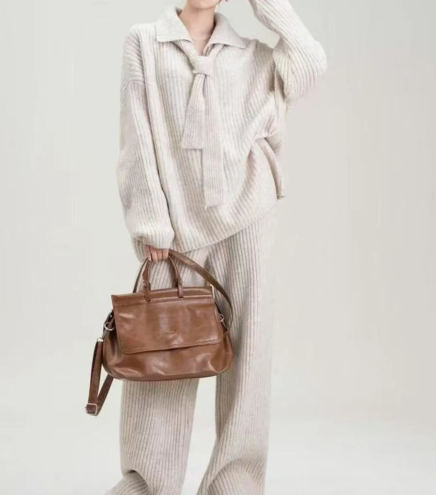 Imitation cashmere sweater suit two-piece set with top and trousers in dark grey colour