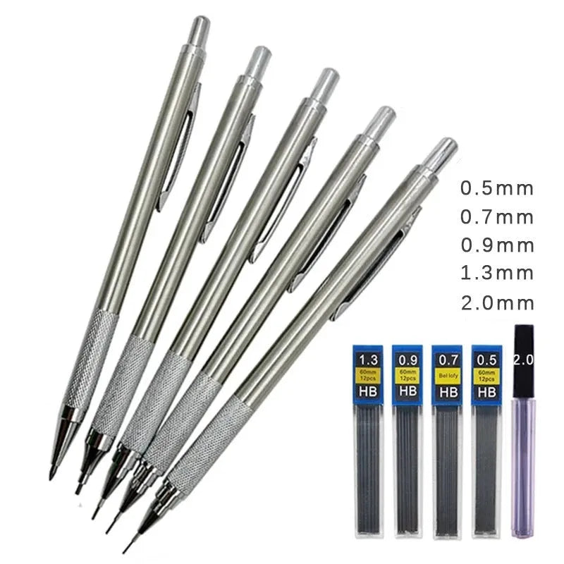 Metal automatic mechanical pencil shown with various lead size options including 0.5mm, 0.7mm, and 2.0mm.