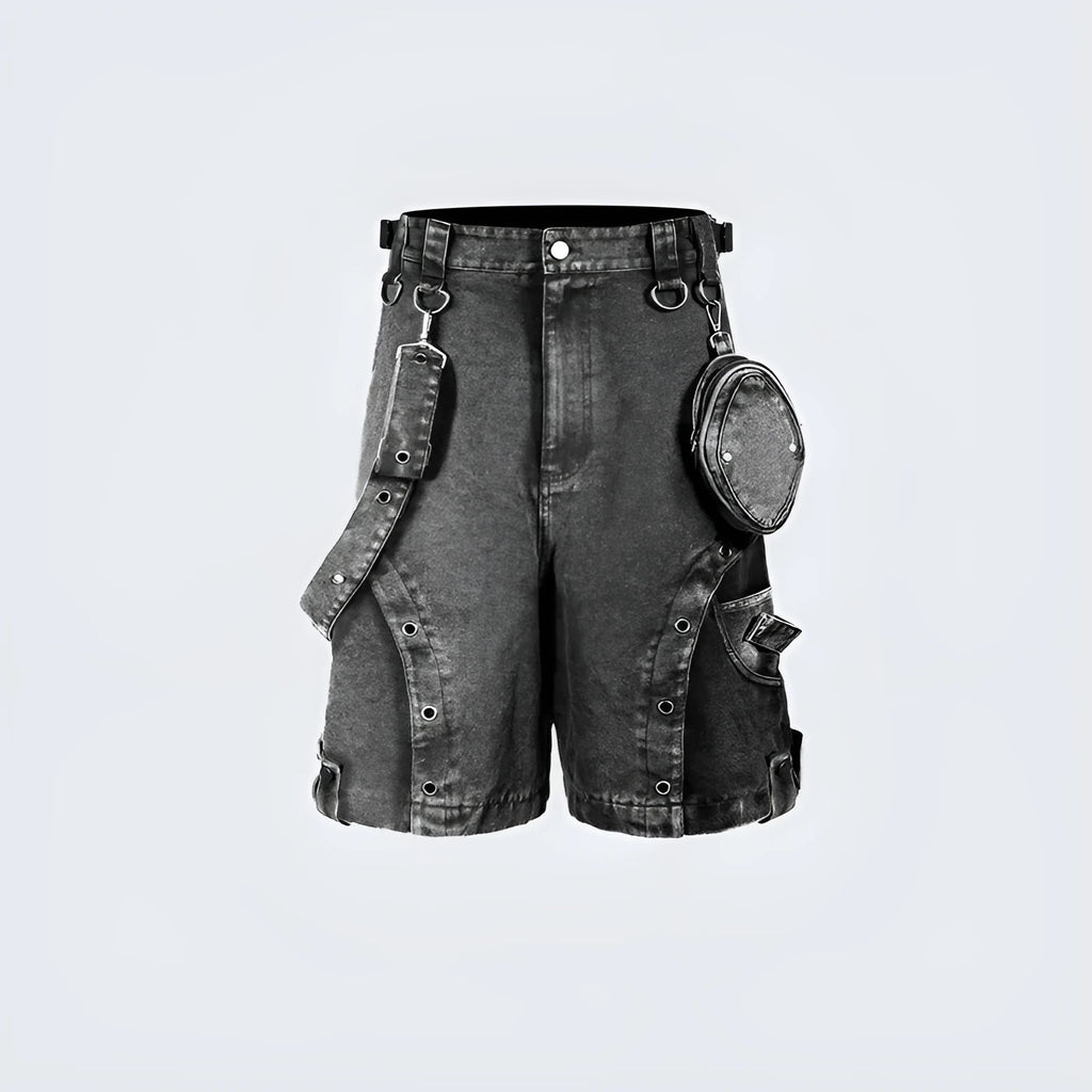 Loose fit high waist denim shorts in a pictured colour on a hanger.