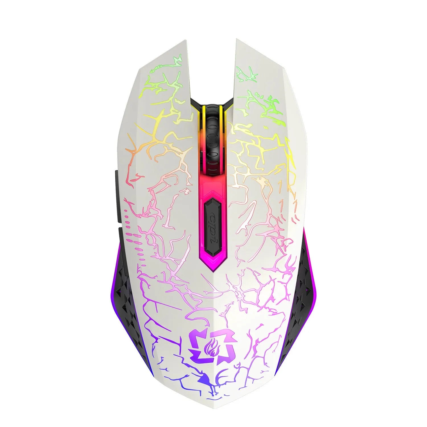Black and white wireless gaming mouse with breathing lights and USB charging cable on desktop